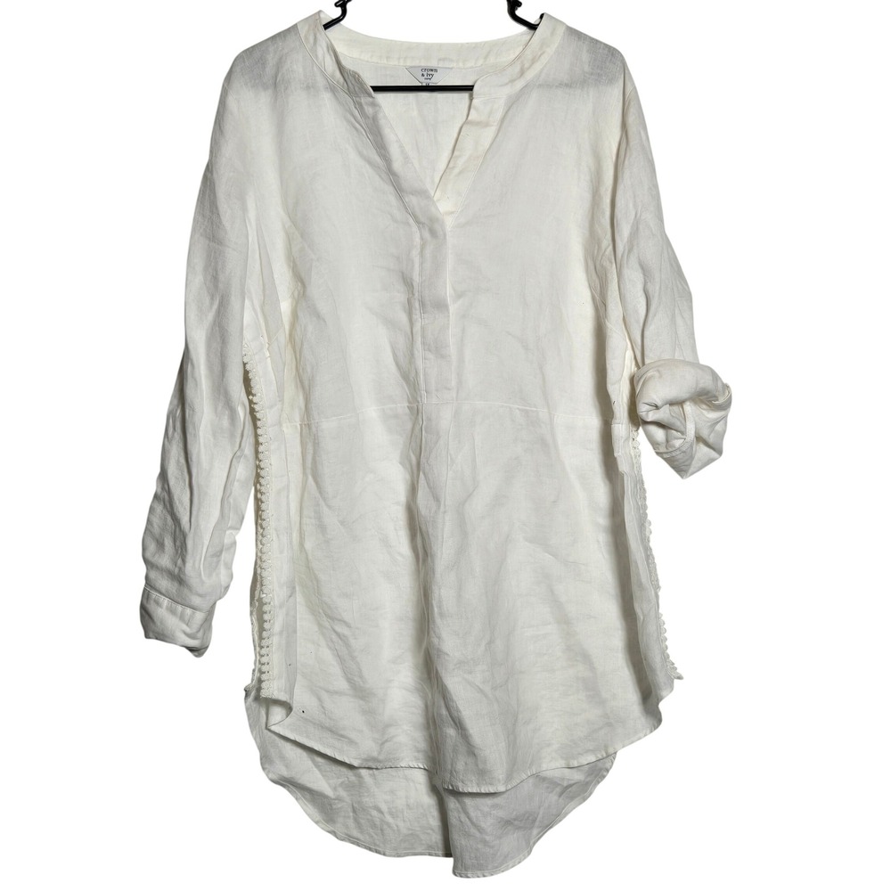 Crown & Ivy White 100% Linen Tunic Top Plus 1X Crochet Coastal Beach Cottage